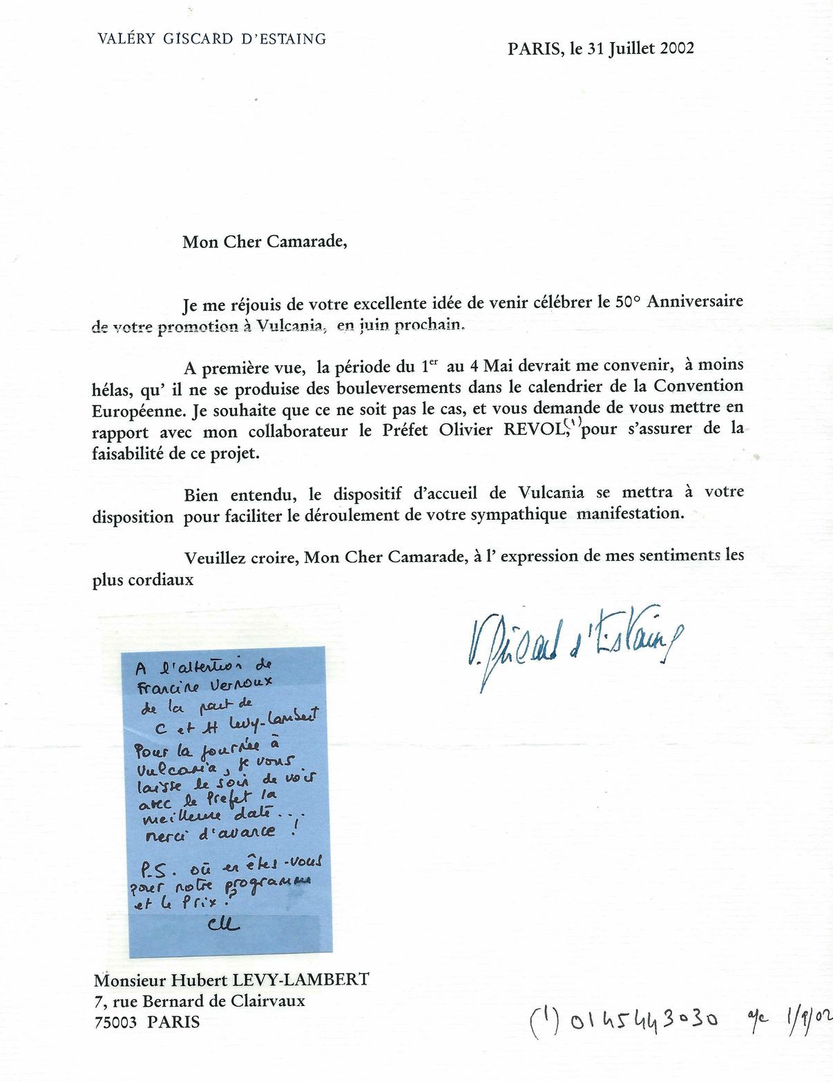 Lettre de Giscard d'Estaing 
                Hubert