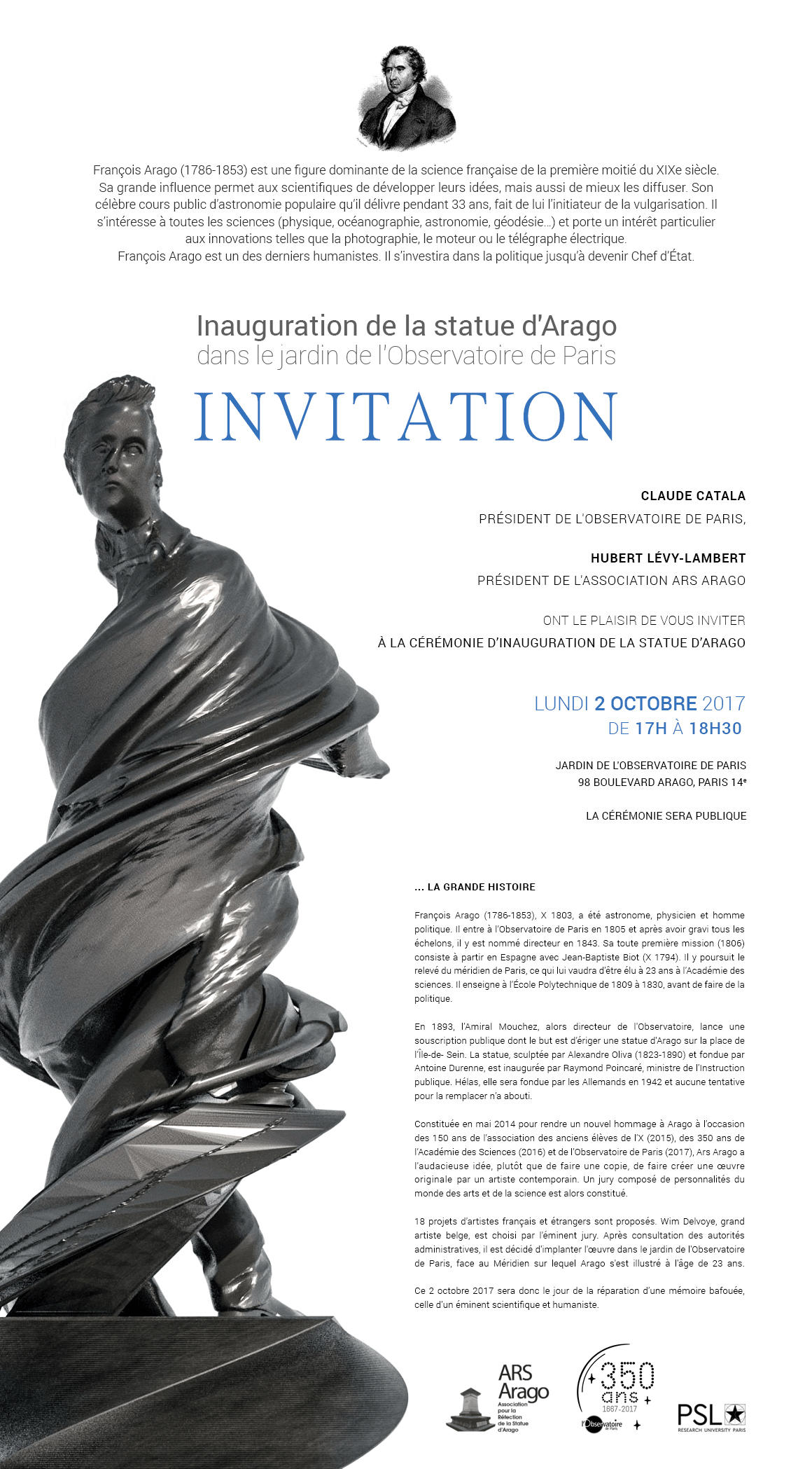 Invitation à l'inauguration de la statue d'Arago