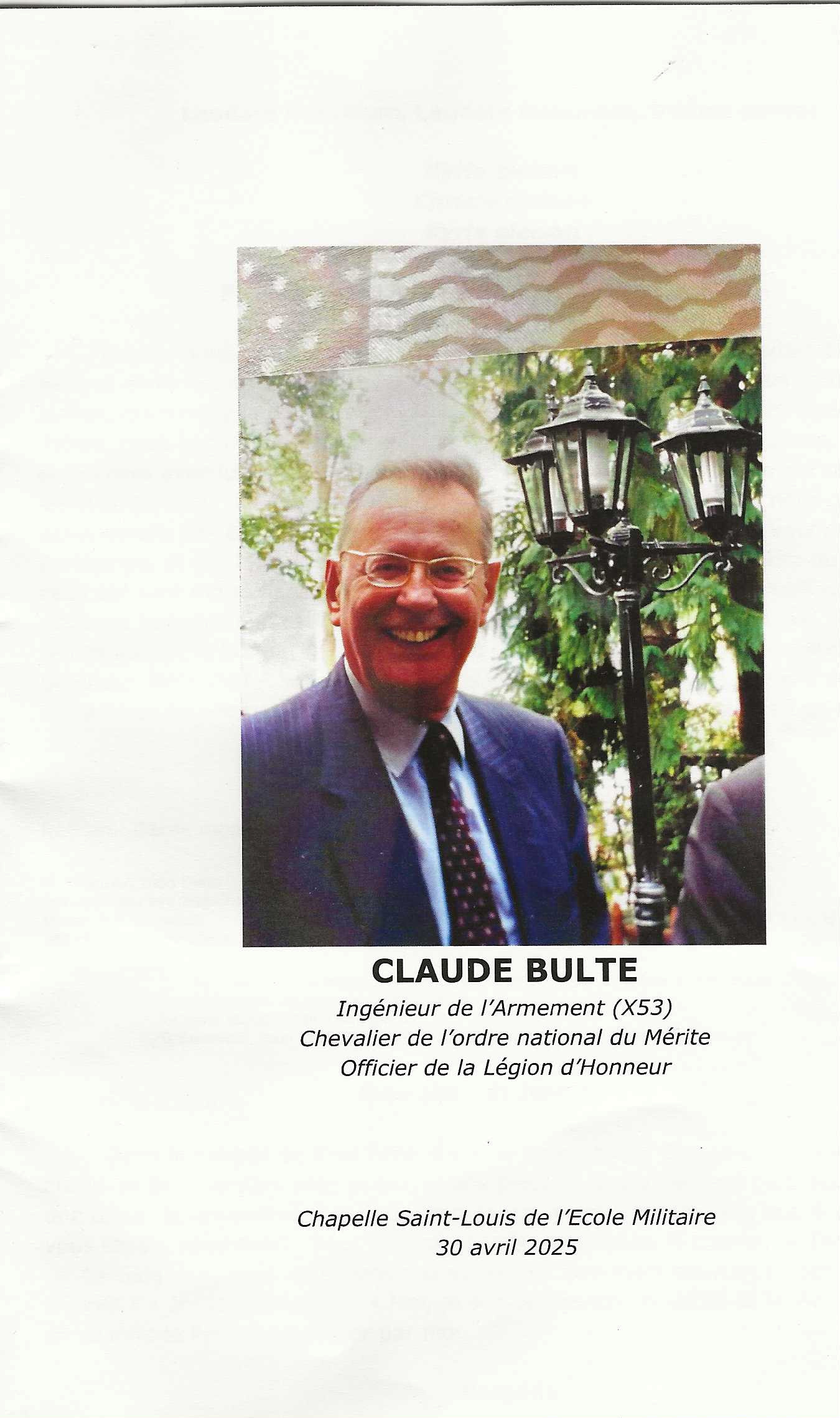 Premire page du livret distribu lors des obsques de Claude Bult