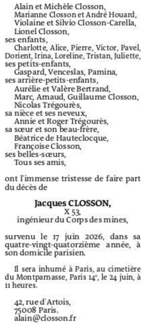 Avis de d�c�s de Jacques Closson