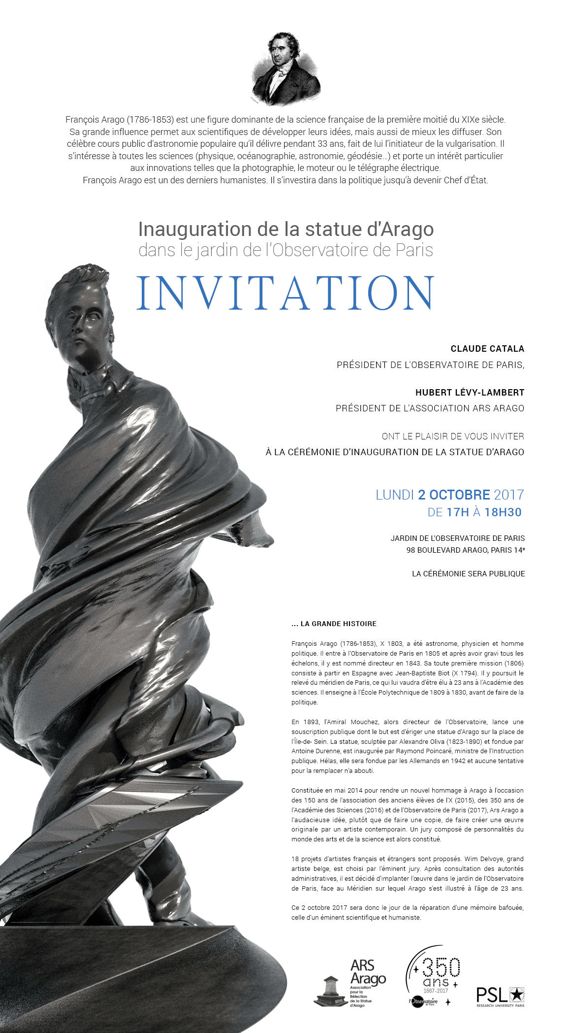 Invitation à l'inauguration de
la statue d'Arago