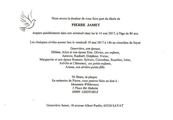 Faire-part du décès de Pierre Jamet