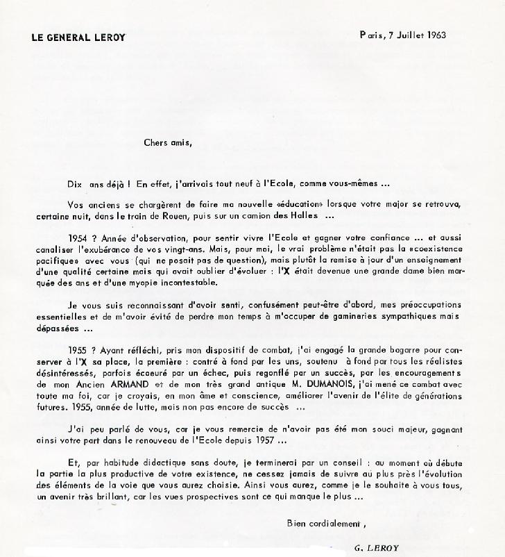 Lettre du général Leroy, 1963