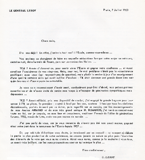 Lettre du Gal Leroy du 7 juillet 1963